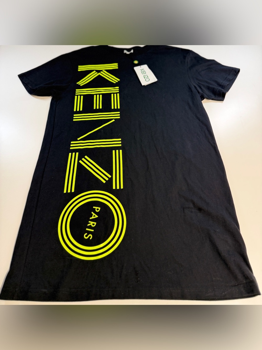 Kenzo Womens Black Tshirt Dress with Neon Yellow Vertical Logo